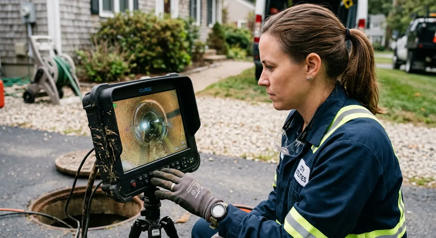 Technician reviewing sewer camera inspection footage in Bristol