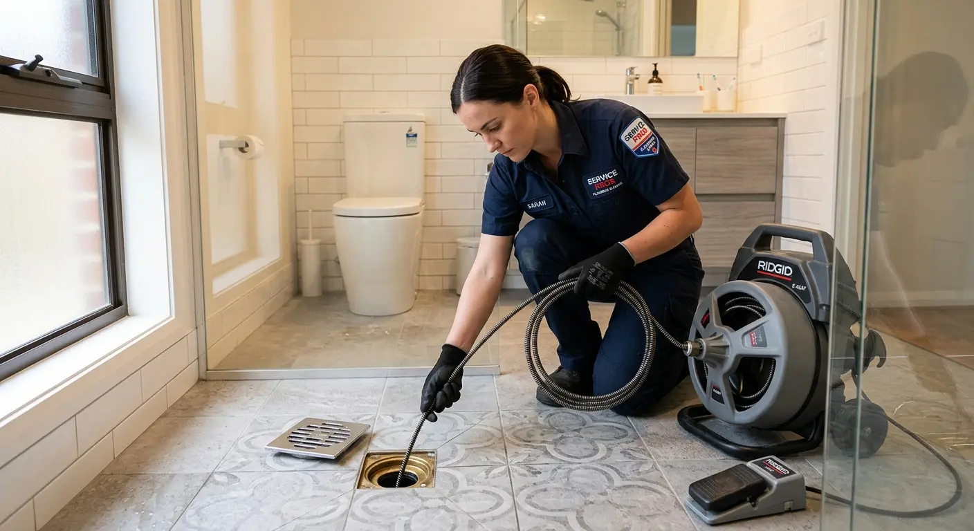Technician clearing a bathroom floor drain for Drain Cleaning in Bristol